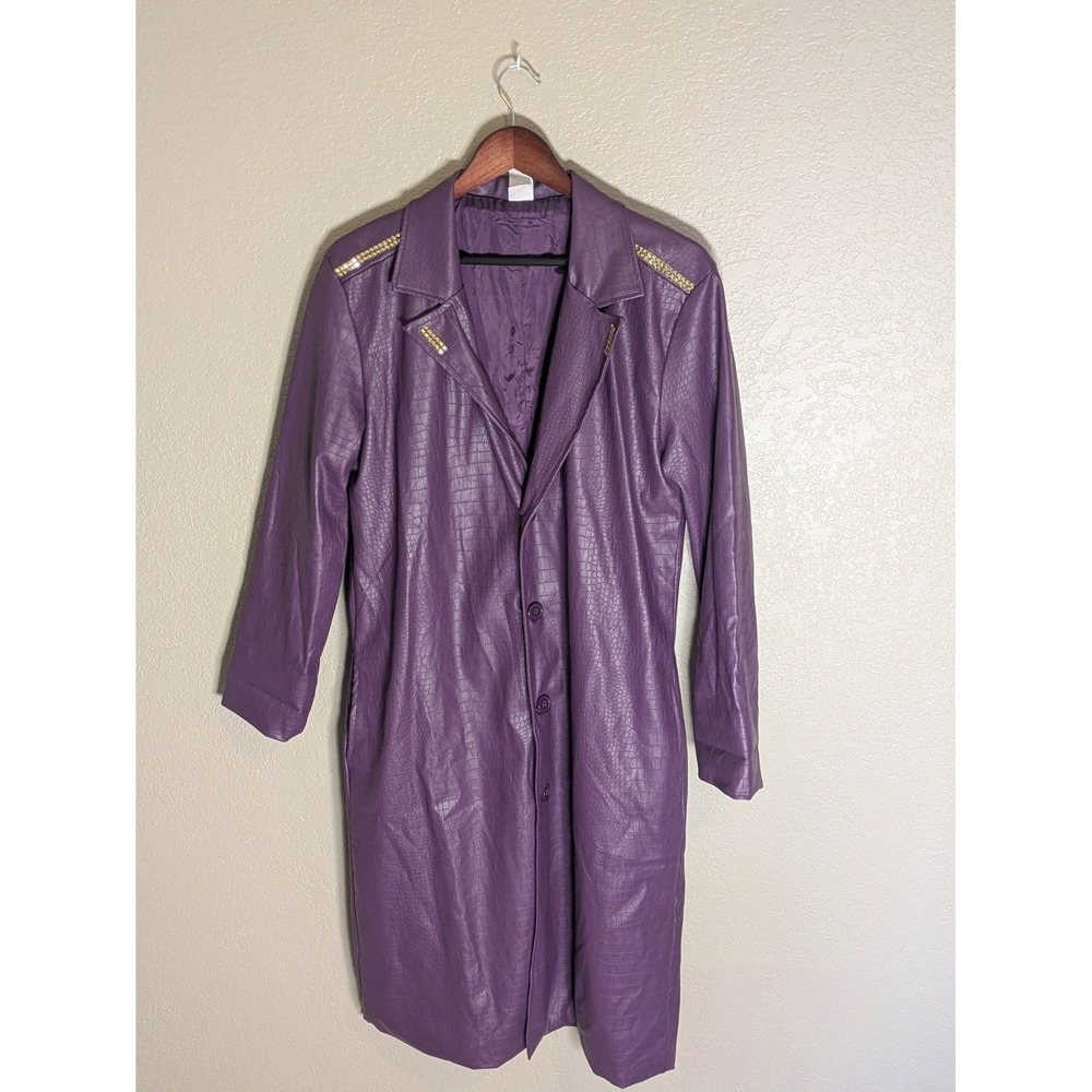 Suicide Squad Purple Faux Leather Trench Coat Gold Stud Accents Joker Cosplay M